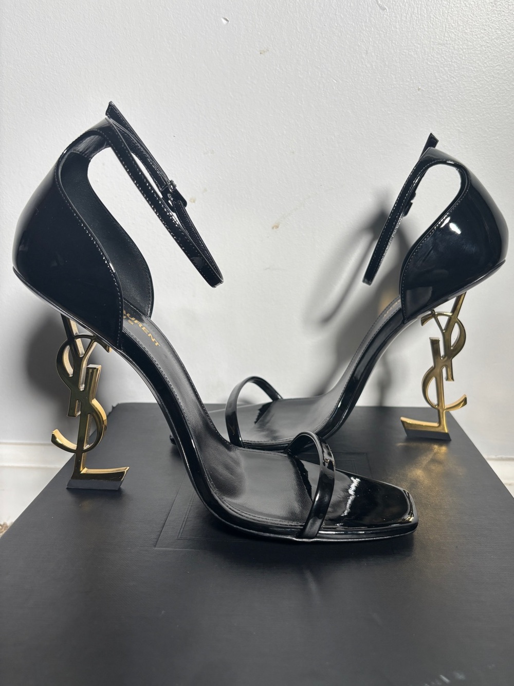 Yves Saint Laurent Black Patent Opyum Logo Heel Sandals with Gold YSL Heel